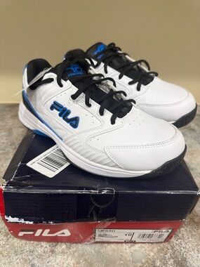 Fila White and Black Athletic Sneakers with Blue Accents